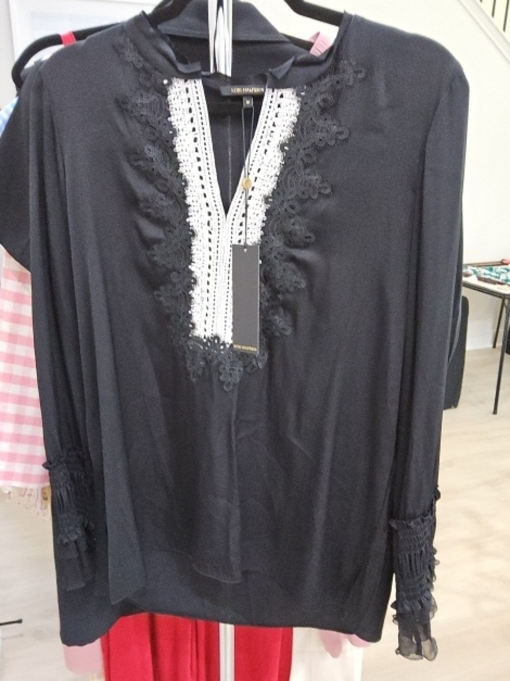Kobi Halperin Black Top with White Crochet V-Insert - Picture 1 of 2